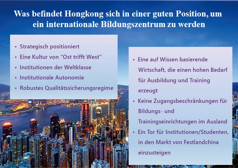 Was befindet Hongkong sich in einer guten Position, um ein regionales Bildungszentrum zu werden; Strategisch positioniert; Eine Kultur von “Ost trifft West”; Institutionen der Weltklasse; Institutionale Autonomie; Robustes; Qualitätssicherungsregime; Eine auf Wissen basierende Wirtschaft, die einen hohen Bedarf für Ausbildung und Training erzeugt; Keine Zugangsbeschränkungen für Bildungs- und Trainingseinrichtungen im Ausland;Ein Tor für Institutionen/Studenten, in den Markt von Festlandchina einzusteigen;