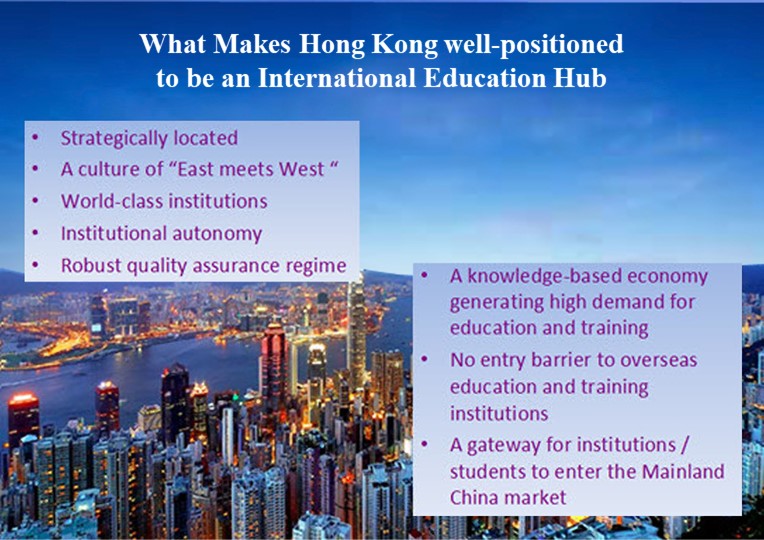 What Makes Hong Kong well-positioned to be a Regional Education Hub; Strategically located; A culture of East meets West; World-class institutions; Institutional autonomy;Robust quality assurance regime; A knowledge-based economy generating high demand for education and training; No entry barrier to overseas education and training institutions; A gateway for institutions / students to enter the Mainland China market;