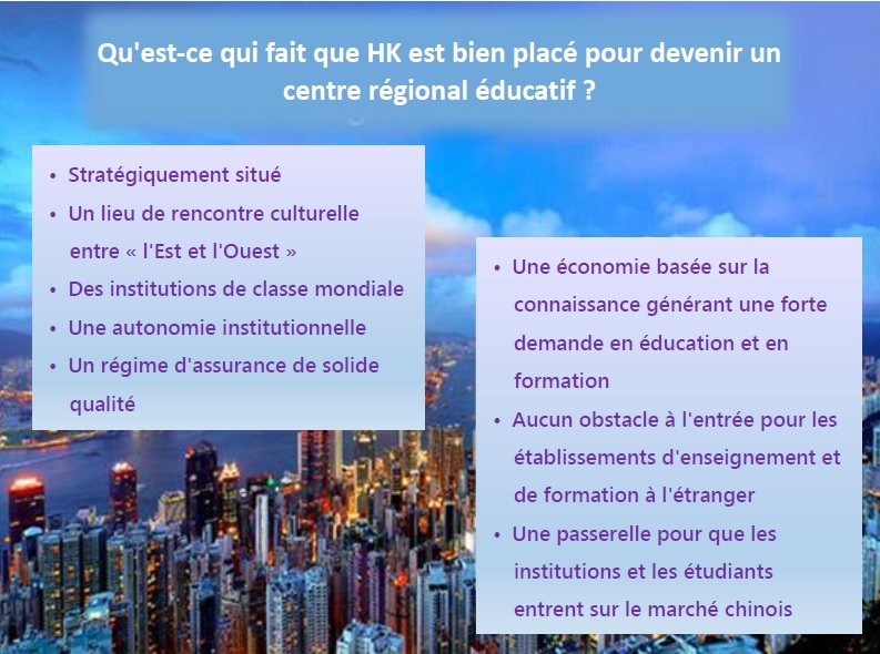 Qu'est-ce qui fait que HK est bien placé pour devenir un centre régional éducatif ?; Stratégiquement situé; Un lieu de rencontre culturelle entre « l'Est et l'Ouest »; Des institutions de classe mondiale; Une autonomie institutionnelle; Un régime d'assurance de solide qualité; Une économie basée sur la connaissance générant une forte demande en éducation et en formation; •	Aucun obstacle à l'entrée pour les établissements d'enseignement et de formation à l'étranger; Une passerelle pour que les institutions et les étudiants entrent sur le marché chinois;